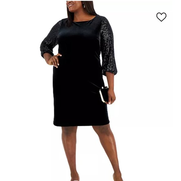 Alex Evenings Plus Size Black Velvet Dress w/ Sequin Sleeves - 18W - Picture 1 of 6